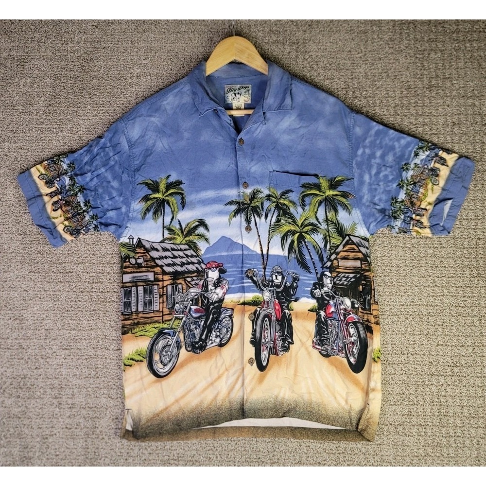 Big Dogs Shirt Mens Size M Blue Button Hawaiian Motorcycle Tropical Island Beach